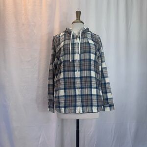 L.L. Bean Womens Hooded Plaid Shirt Jacket - Blue, Cream & Brown